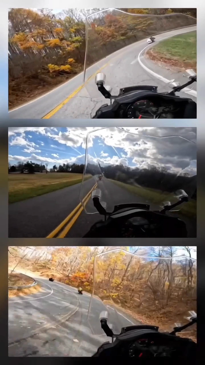 Three first-person views from motorcycle rides arranged in a vertical collage.